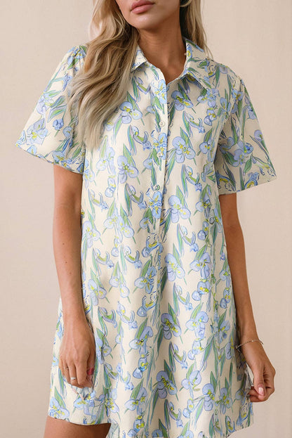 Green Floral Print Shirtcollar Buttoned Short Sleeve Shift Dress