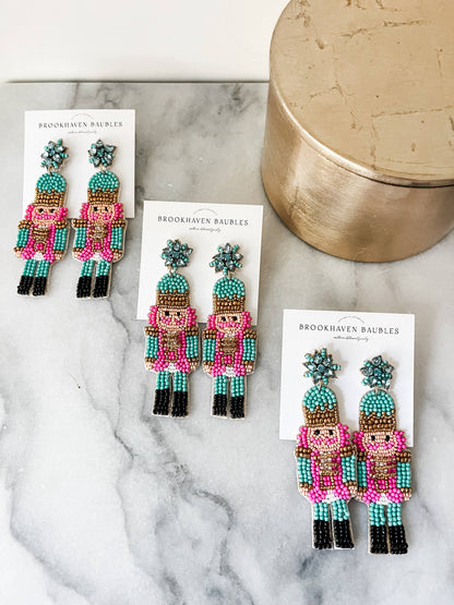 Nutcracker beaded earrings Pink & Turquoise 