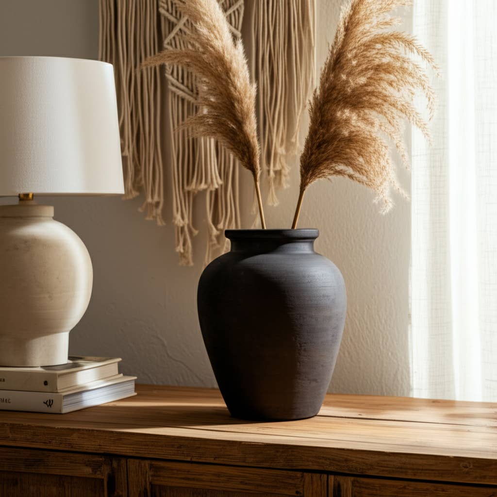 Decorative Vase - Black Ceramic Round Pottery Jug, 10 in.