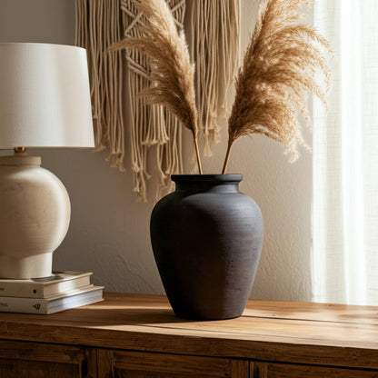 Decorative Vase - Black Ceramic Round Pottery Jug, 10 in.