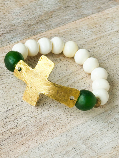 Gold Cross, Bone and Green Glass Bead Stretch Bracelet