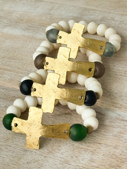 Gold Cross, Bone and Brown Glass Bead Stretch Bracelet