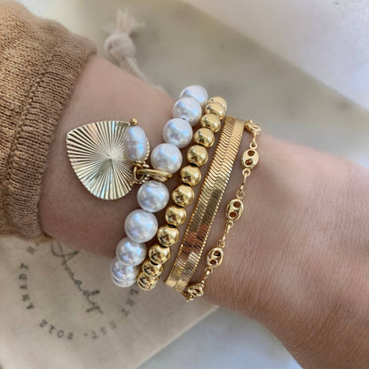 Freshwater pearl gold heart charmed bracelet  coquette