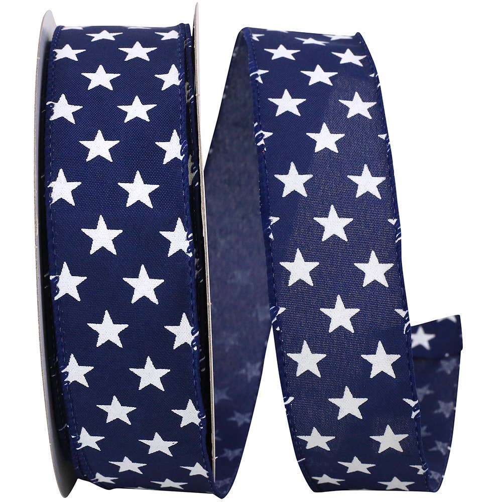 Patriotic Stars On Navy Wired Edge, Navy, 1-1/2 In, 20 Yards