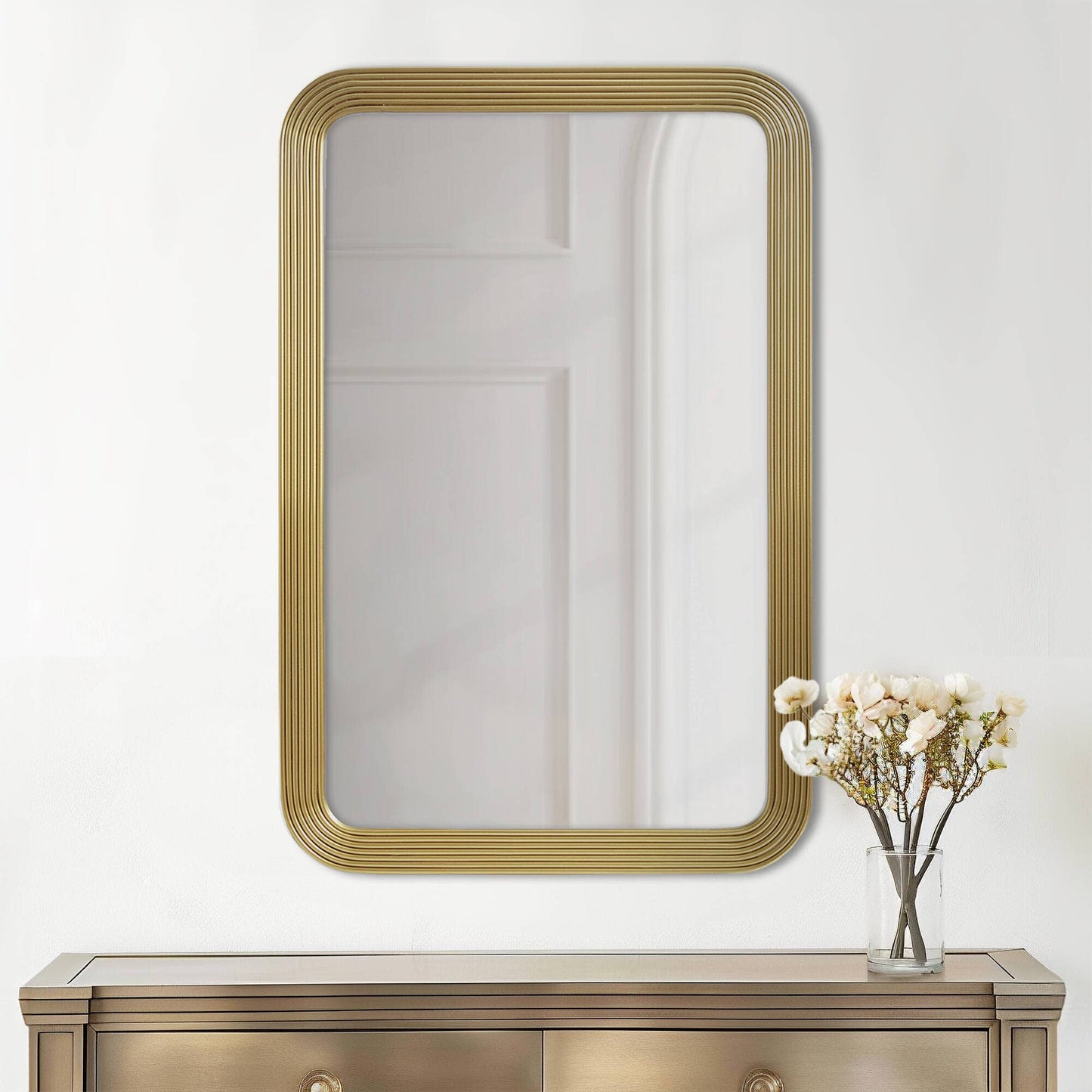 Rounded Rectangle Fluted Wall Mirror, Gold