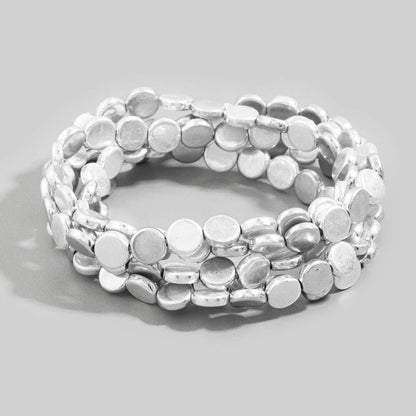 Two-Tone Hammered Flat Disc Stretch Bracelet Set