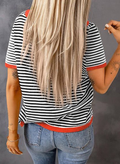 Women's Crew Neck Striped Contrast Short Sleeve Casual Sweater