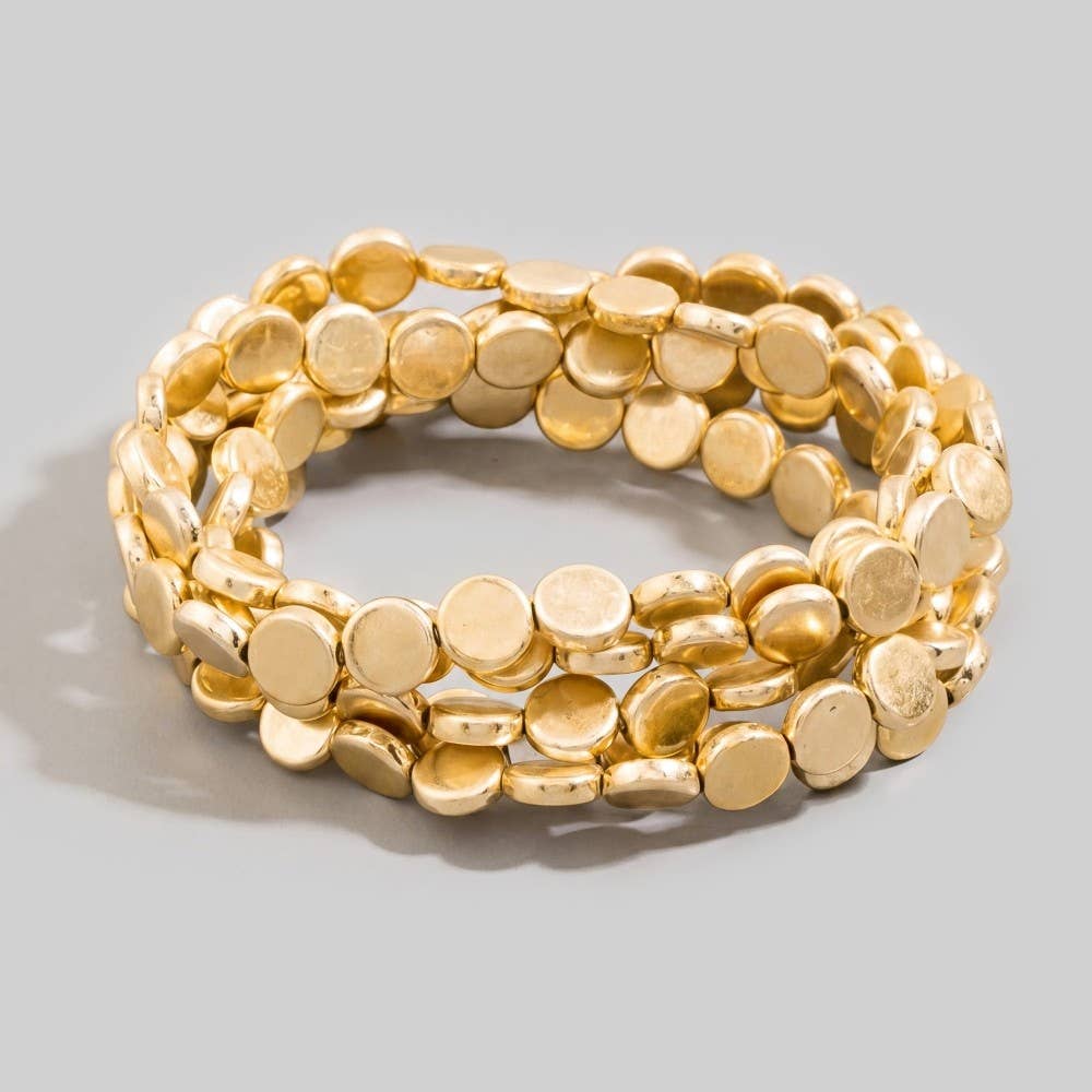 Two-Tone Hammered Flat Disc Stretch Bracelet Set