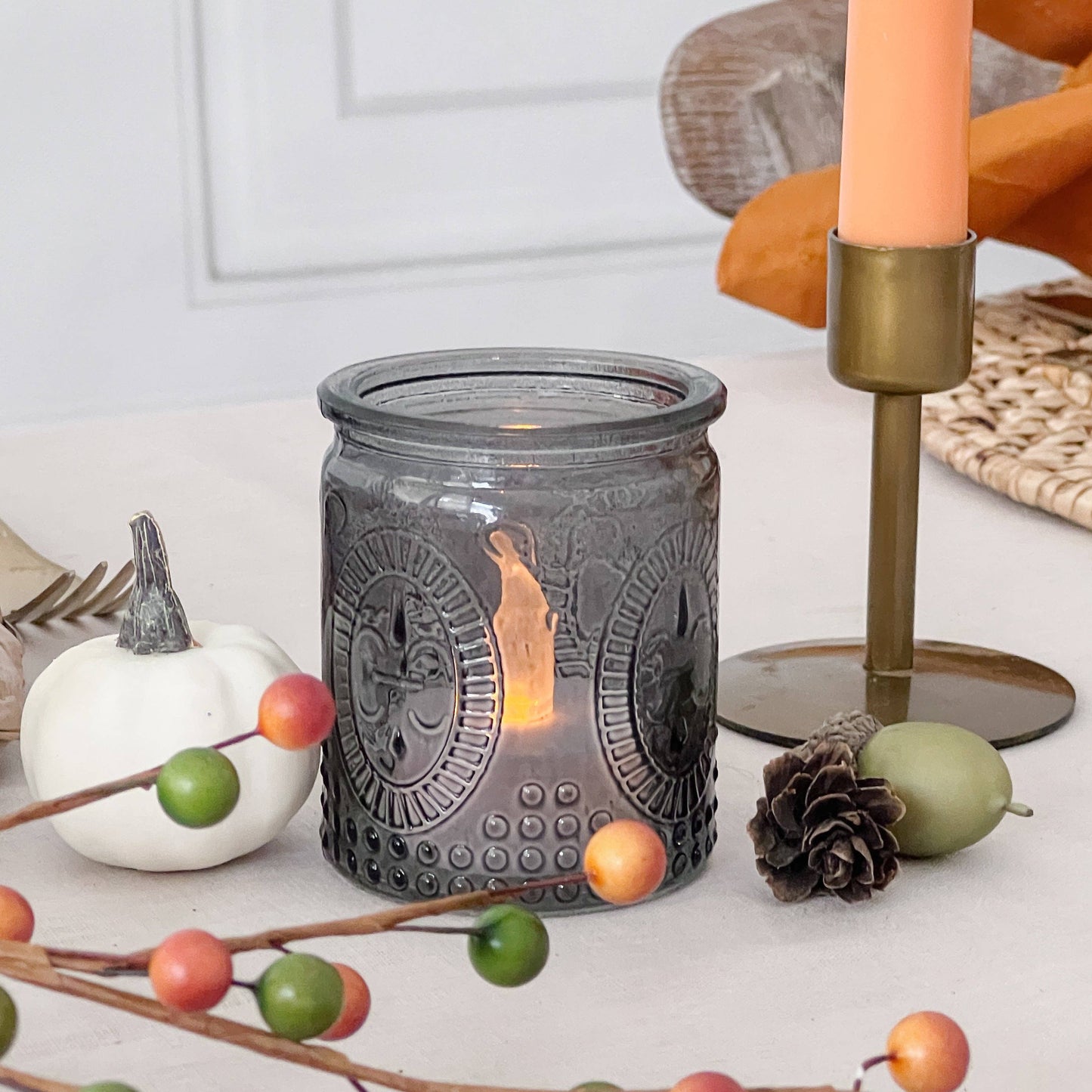 Vintage Smoke Gray Glass Tea Light Holder (Set of 8)