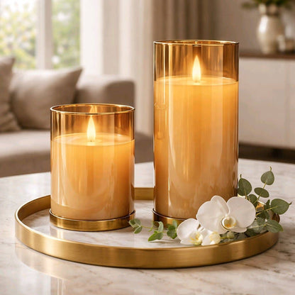 Amber Glass Cylinder Moving Flame LED Candle 3x6in