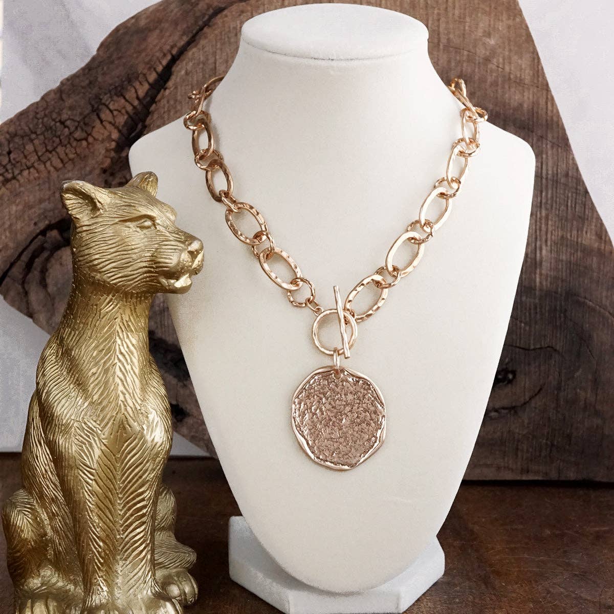 Nomad Glow – Front Toggle Statement Necklace with Hammered Disc