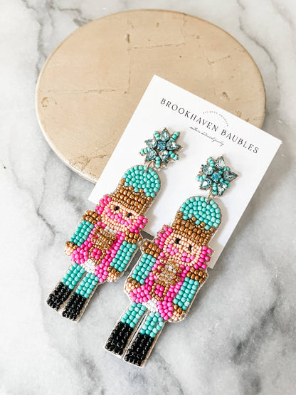 Nutcracker beaded earrings Pink & Turquoise 