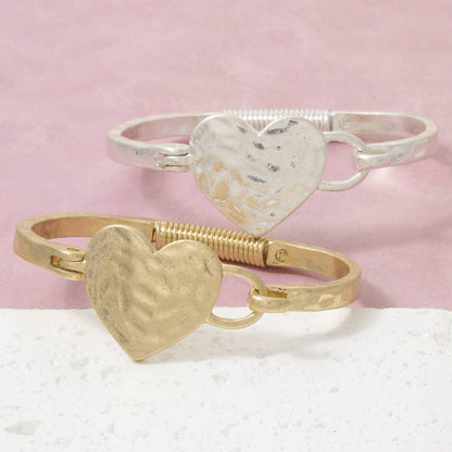 Hammered Heart Hinge Bangle Bracelet
