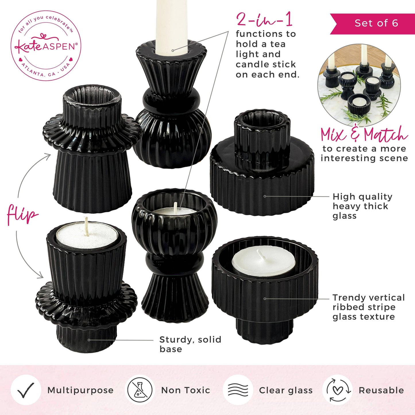 Vintage Ribbed Black Glass Candle/Candlestick Holders Set of