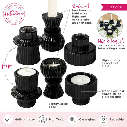 Vintage Ribbed Black Glass Candle/Candlestick Holders Set of