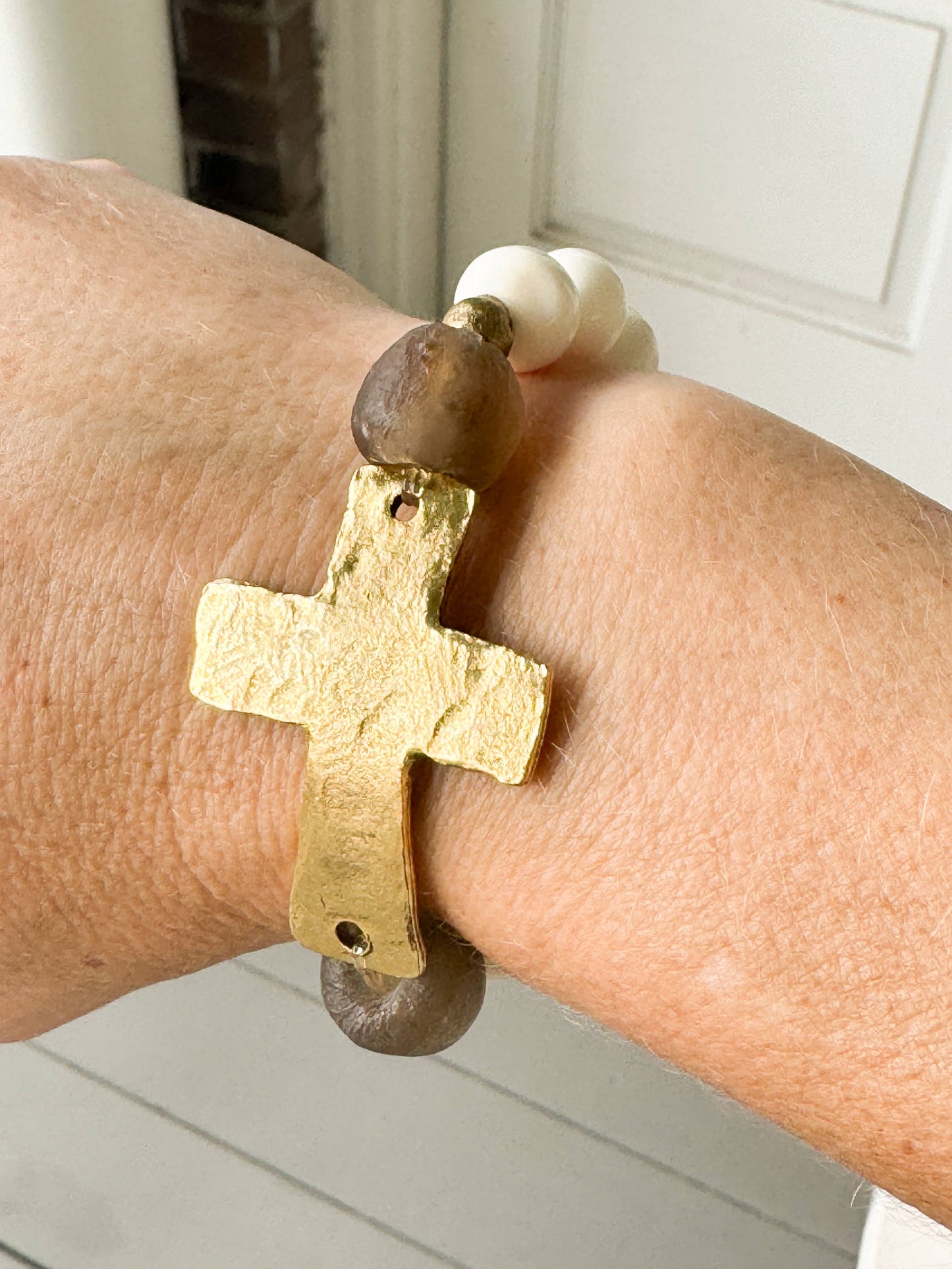 Gold Cross, Bone and Brown Glass Bead Stretch Bracelet