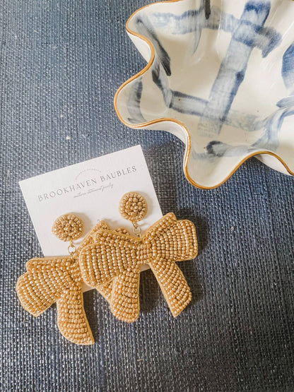 Gold Bow Beaded Statement Christmas Earrings