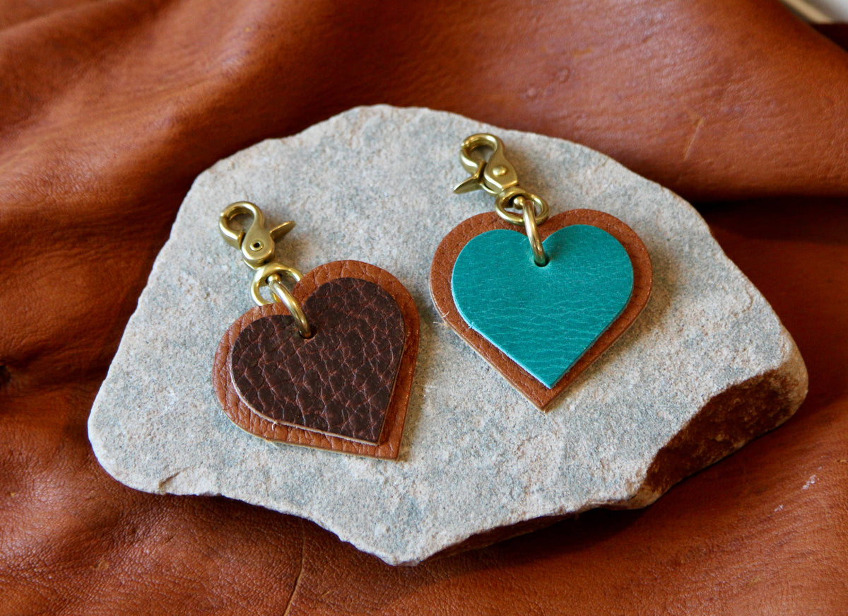 Leather Key Charm - Double Heart