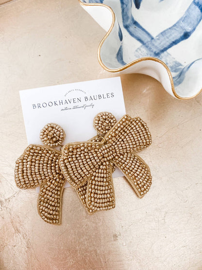 Gold Bow Beaded Statement Christmas Earrings