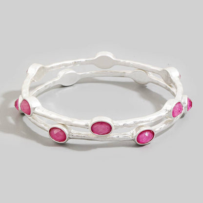 Oval Stone Station Hammered Bangle Set