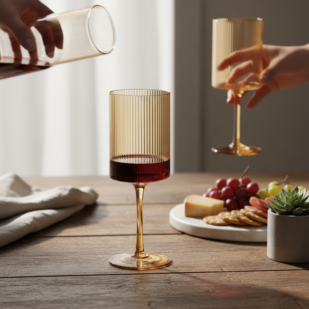 Vikko - Decor, Malibu, Ribbed Wine Glass, Amber, 17 Oz