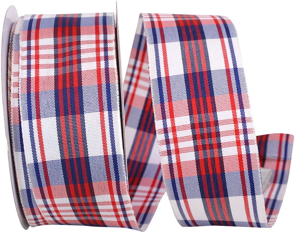 Patriotic Plaid Woven Wired Edge, White, 1-1/2 In, 20 Yards
