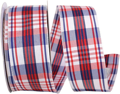 Patriotic Plaid Woven Wired Edge, White, 1-1/2 In, 20 Yards