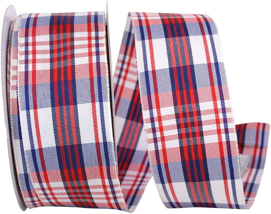 Patriotic Plaid Woven Wired Edge, White, 1-1/2 In, 20 Yards