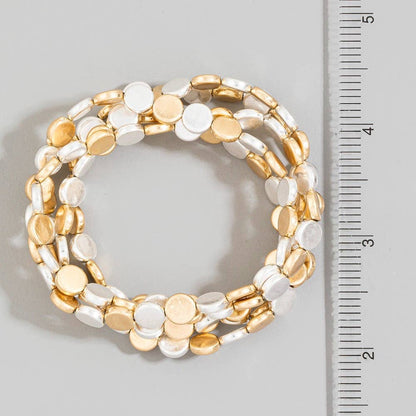 Two-Tone Hammered Flat Disc Stretch Bracelet Set