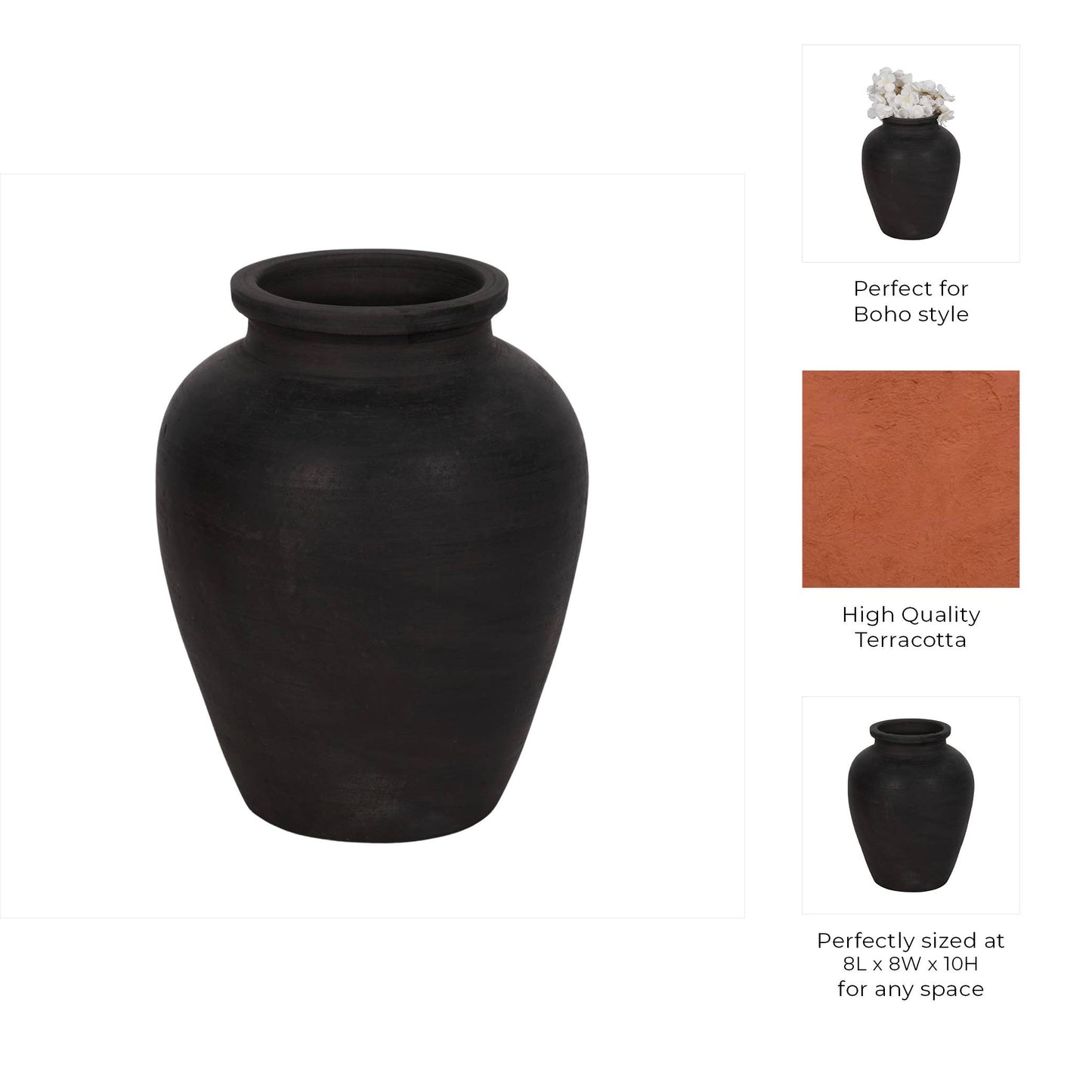 Decorative Vase - Black Ceramic Round Pottery Jug, 10 in.
