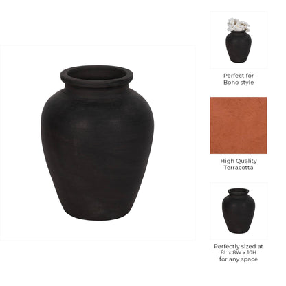 Decorative Vase - Black Ceramic Round Pottery Jug, 10 in.