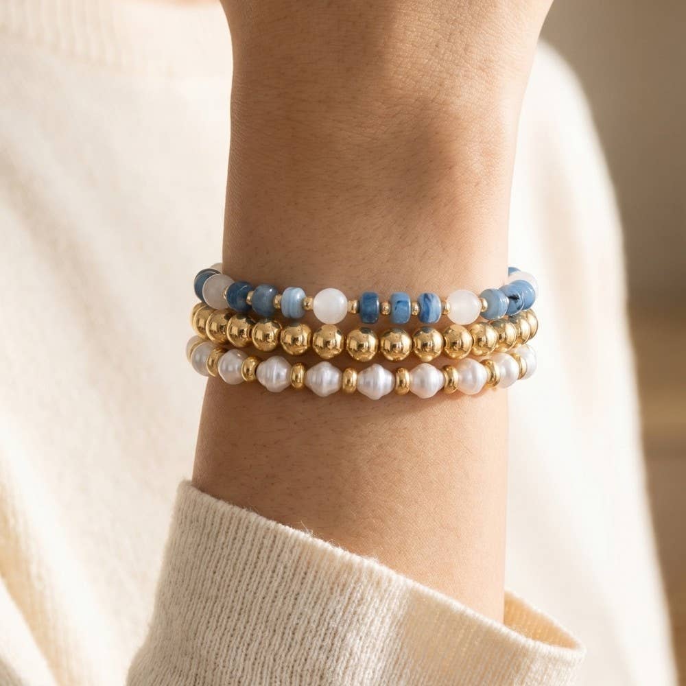 Stone, Pearl & Gold Ball Beaded Stretch Bracelet Set