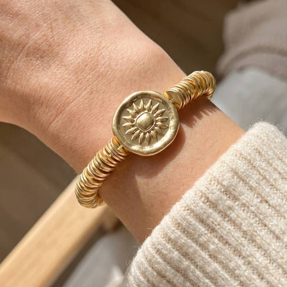 Engraved Sun Medallion Disc Stack Bracelet