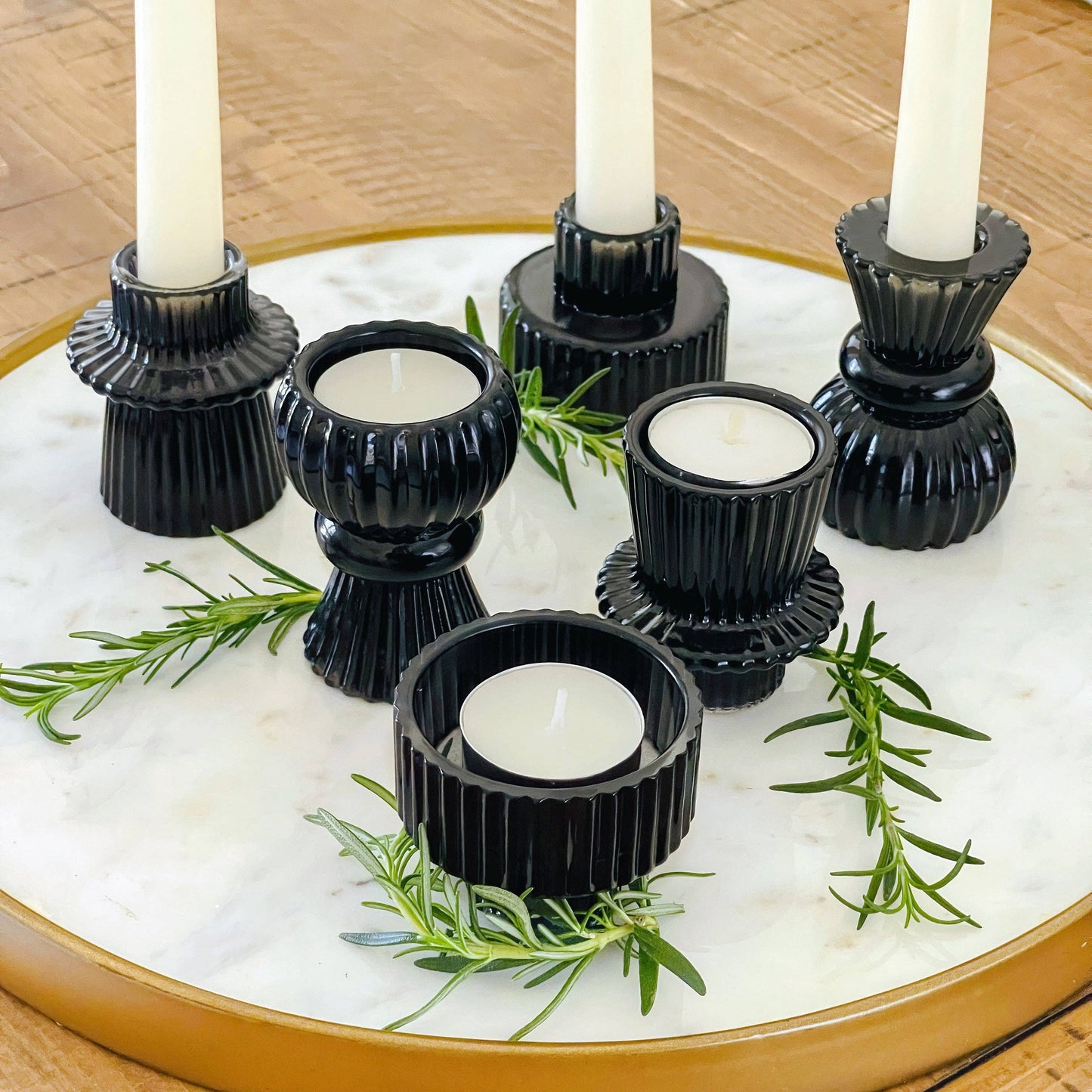 Vintage Ribbed Black Glass Candle/Candlestick Holders Set of