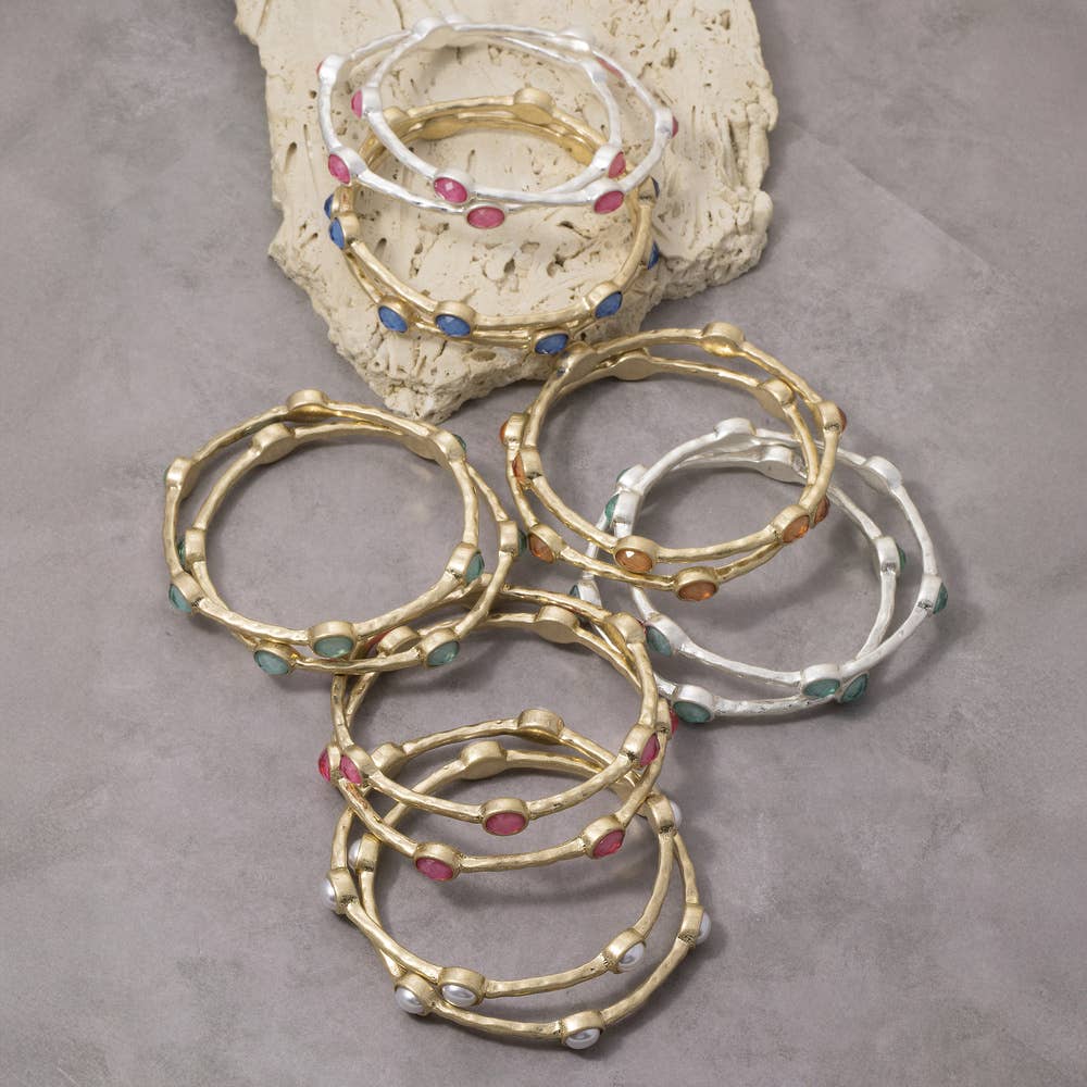 Oval Stone Station Hammered Bangle Set