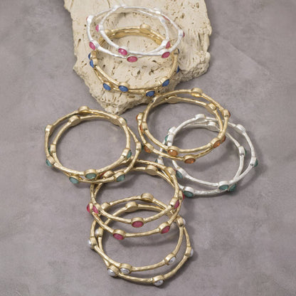 Oval Stone Station Hammered Bangle Set