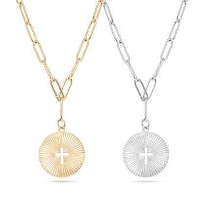 Gold Stainless Steel Sunburst Cross Paperclip Charm Necklace