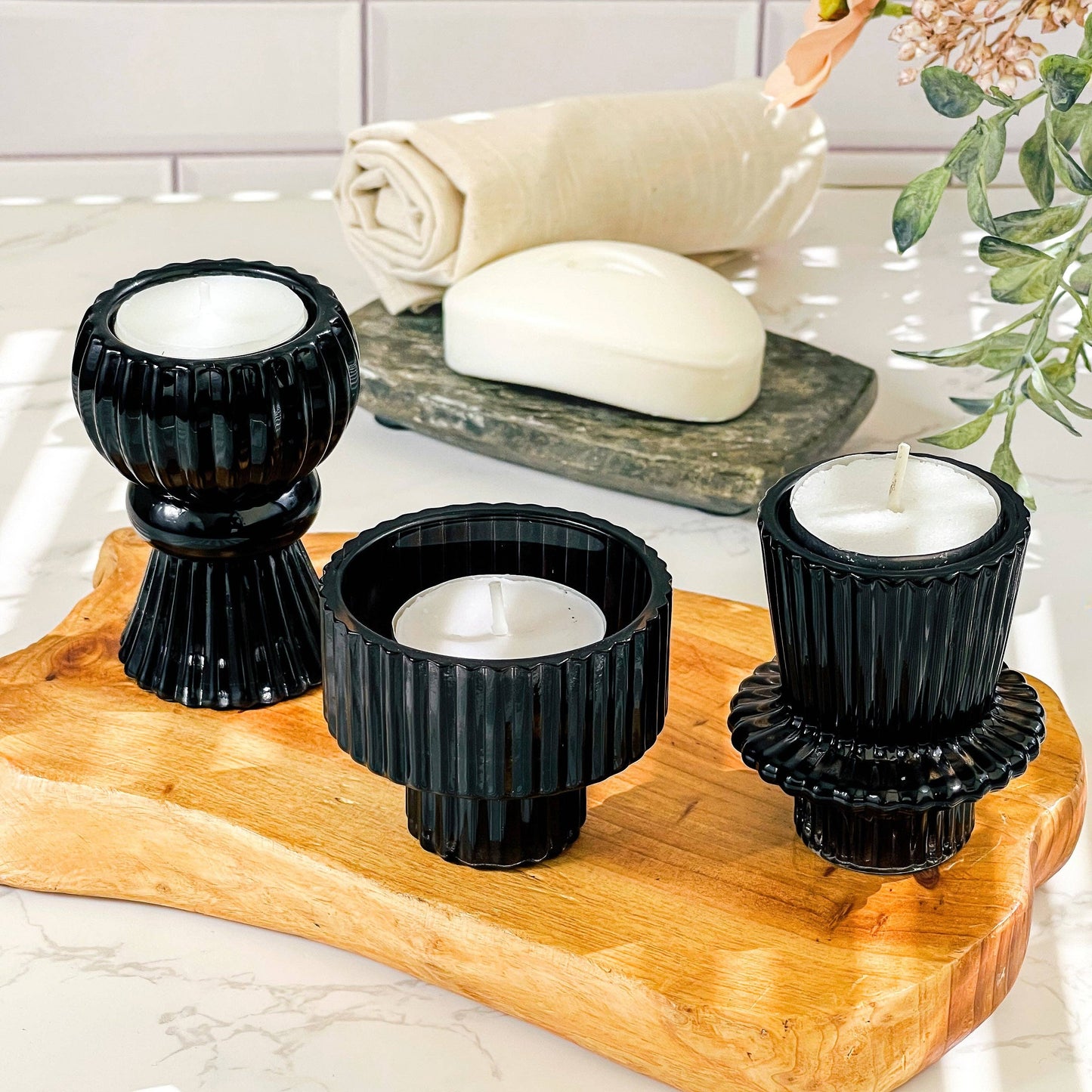 Vintage Ribbed Black Glass Candle/Candlestick Holders Set of