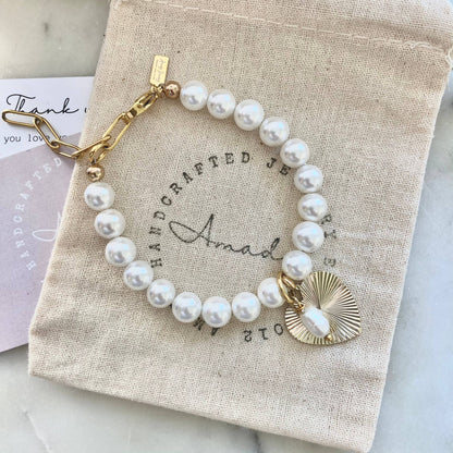 Freshwater pearl gold heart charmed bracelet  coquette