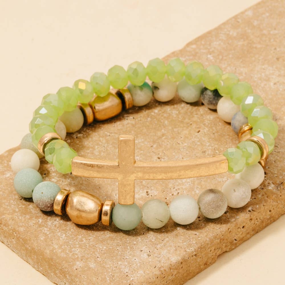 Cross Charm Stone Beaded Bracelet Set