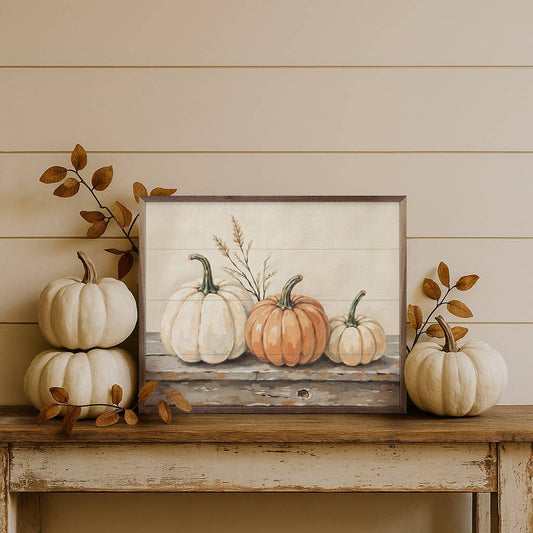 Pumpkins On A Rustic Shelf