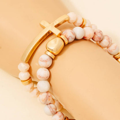 Cross Charm Stone Beaded Bracelet Set