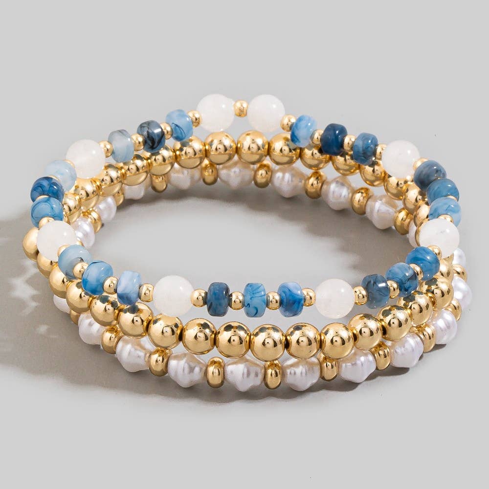 Stone, Pearl & Gold Ball Beaded Stretch Bracelet Set