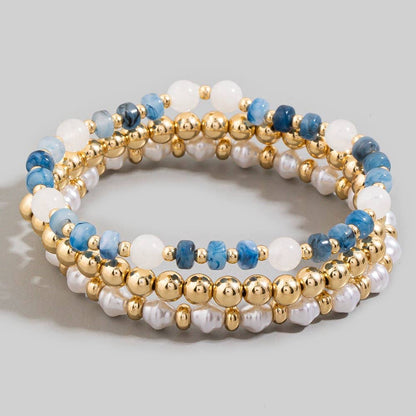 Stone, Pearl & Gold Ball Beaded Stretch Bracelet Set