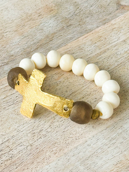 Gold Cross, Bone and Brown Glass Bead Stretch Bracelet