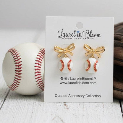 Hadley Baseball & Gold Bows Earrings