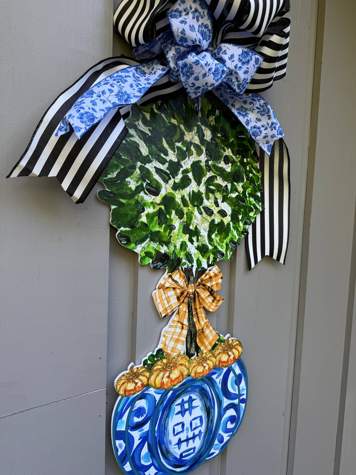 LARGE Designer Chinoiserie Pumpkin Topiary Door Hanger