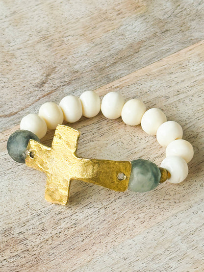 Rustic Gold Cross, Bone and Glass Bead Stretch Bracelet