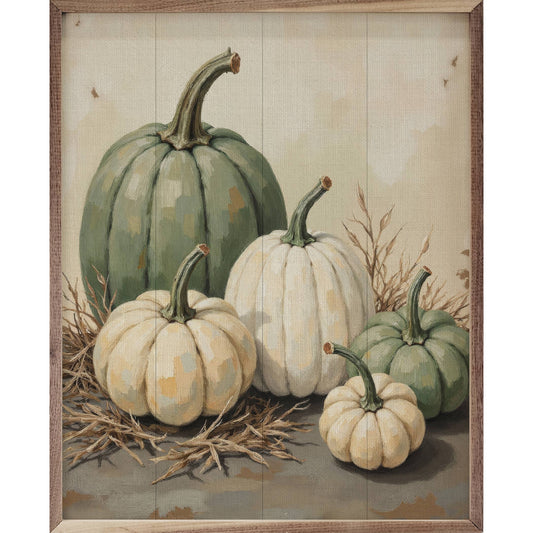 Green And White Pumpkins In Straw