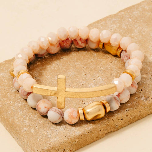 Cross Charm Stone Beaded Bracelet Set